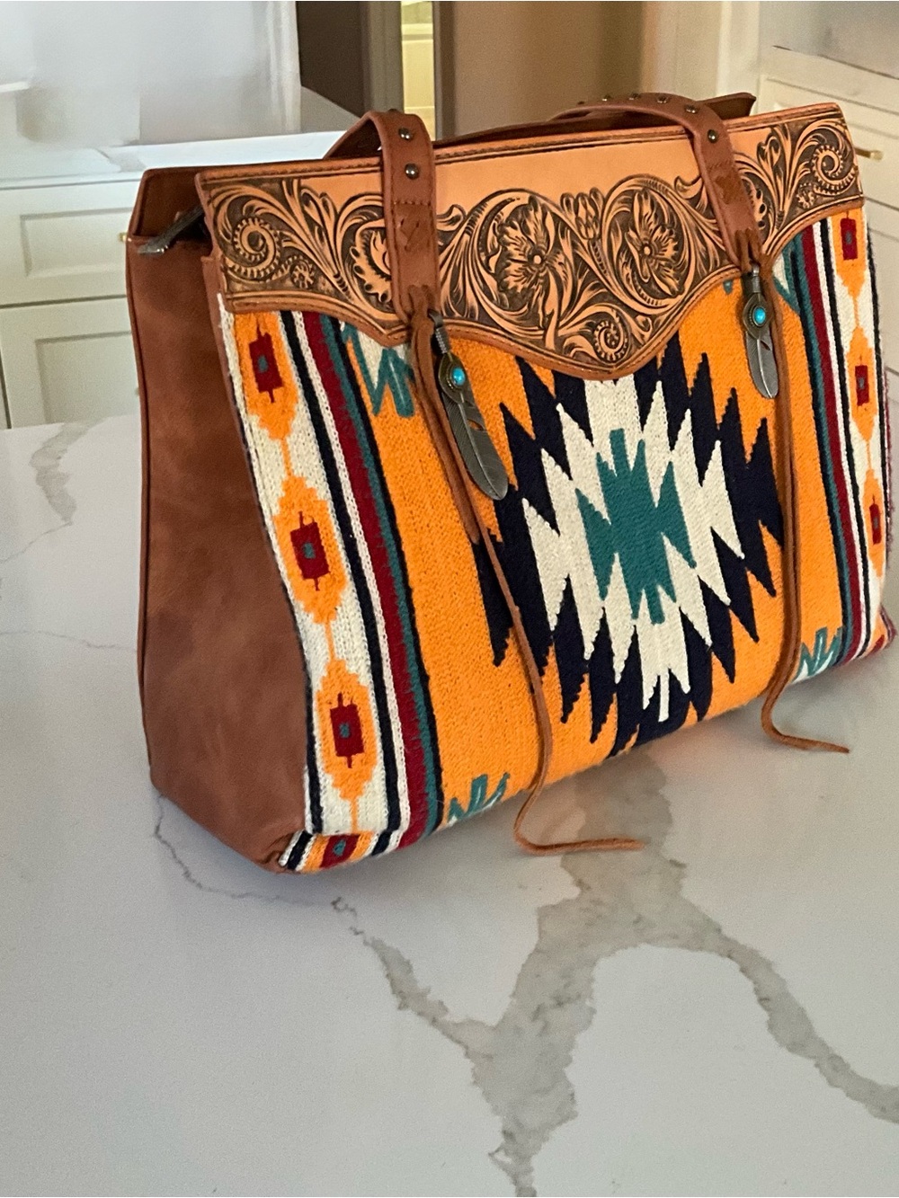 Conceal/Carry////🔫Handcrafted Leather & Woven Aztec Tote in Orange